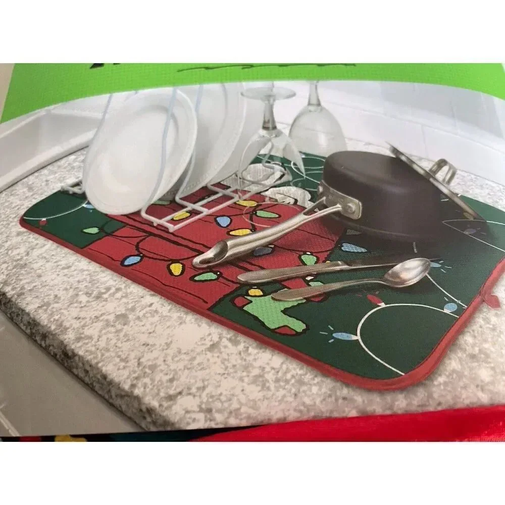 2 Pack Peanuts Snoopy Holidays Dish Drying Mat Dog‎ House Christmas Lights NEW